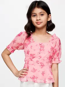 Global Desi Girls Floral Printed Puff Sleeves Peplum Top