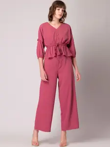 FabAlley Pink Solid V-Neck Top With Trousers