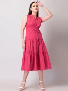 FabAlley Pink Tie-Up Tiered Pure Cotton Fit & Flare Midi Dress