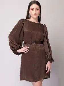 FabAlley Brown Puff Sleeves Satin Fit & Flare Dress