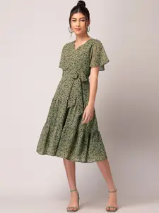 FabAlley Olive Green Floral Printed Tiered Fit & Flare Dress With Belt