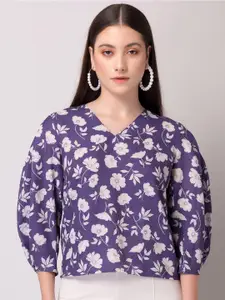 FabAlley Purple & White Floral Printed V-Neck Puff Sleeve Top