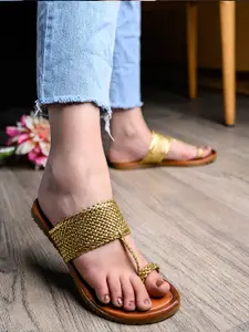 Shoetopia Women Gold-Toned Woven Design Synthetic One Toe Flats