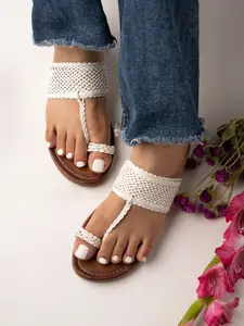 Shoetopia Women White Woven Design Synthetic One-Toe Flats