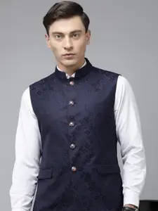 V Dot Men Floral Woven Design Nehru Jacket