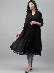 Janasya Women's Black Dobby Chiffon Self Design Empire Kurta