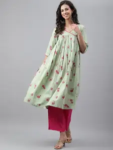Janasya Green & Pink V-Neck Floral Printed A-Line Cotton Kurta