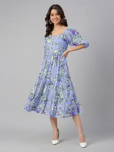 Janasya Floral Print Georgette Empire Dress