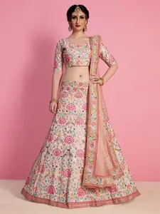 ODETTE Peach-Coloured & Green Embroidered Semi-Stitched Lehenga & Unstitched Blouse With Dupatta