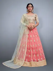 ODETTE Pink & Green Embroidered Semi-Stitched Lehenga & Unstitched Blouse With Dupatta