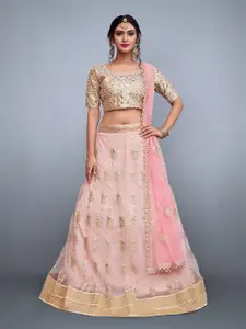 ODETTE Pink & Gold-Toned Embroidered Semi-Stitched Lehenga & Unstitched Blouse With Dupatta