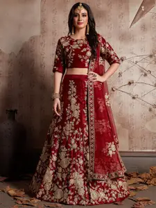 ODETTE Maroon & Gold-Toned Embroidered Semi-Stitched Lehenga & Unstitched Blouse With Dupatta