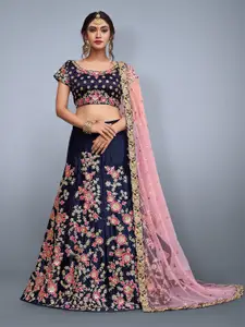 ODETTE Blue & Pink Embroidered Semi-Stitched Lehenga & Unstitched Blouse With Dupatta