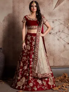 ODETTE Maroon & Cream-Coloured Embroidered Semi-Stitched Lehenga & Unstitched Blouse With Dupatta