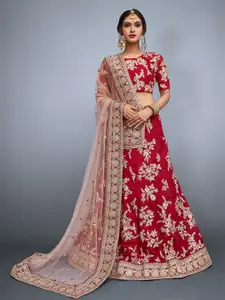 ODETTE Red & Cream-Coloured Embroidered Semi-Stitched Lehenga & Unstitched Blouse With Dupatta