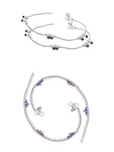 RUHI COLLECTION Set Of 2 Silver-Plated Stone-Studded & Black Beaded Anklets
