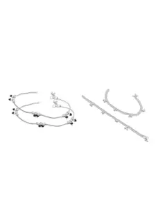 RUHI COLLECTION Set Of 2 Silver-Plated Stone-Studded & Black Beaded Anklets