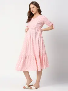 MeeMee Polka Dots Printed Cotton Maternity Fit & Flare Midi Dress