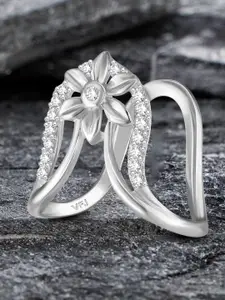 Vighnaharta Rhodium-Plated Floral Designed Cuffed Brass Finger Ring