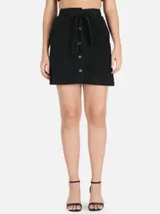 The Dry State Green Mid-Rise A-Line Denim Mini Skirt With Fabric Belt