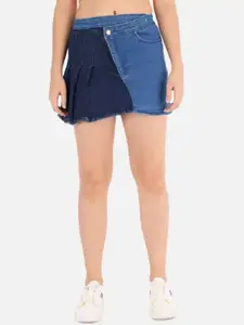 The Dry State Blue Mid-Rise Colourblocked Mini Denim Skirt