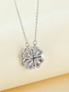 Peora Silver-Plated  AD Studded Flower Shape Pendant Necklace