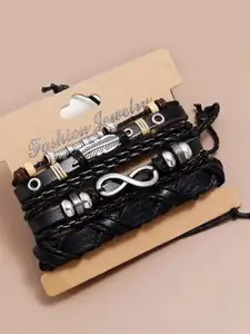Peora Men 3 Black Leather Silver-Plated Multistrand Bracelet
