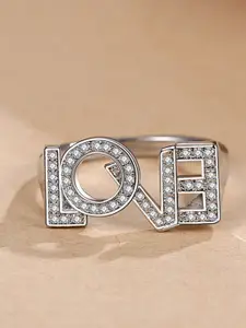MYKI Silver-Plated CZ Studded Love Initial Finger Ring