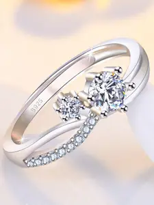 MYKI Silver-Plated CZ-Studded Adjustable Artistic Solitaire Finger Ring