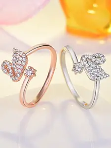 MYKI Silver-Plated & CZ-Studded swan shape Adjustable Finger Ring