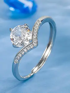 MYKI Silver-Plated & CZ-Studded Solitaire Adjustable Finger Ring