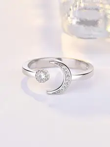 MYKI Silver-Plated & CZ-Studded Moon & Star Adjustable Finger Ring