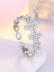 MYKI Women Silver- Plated CZ Stone Studded Adjustable H Shaped Ring
