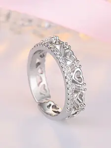 MYKI Silver-Plated CZ Stone Studded Heart Shaped Adjustable Finger Ring