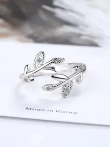 MYKI Silver-Plated CZ-Studded Leaves Design Adjustable Finger Ring