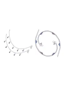 RUHI COLLECTION Set Of 4 Silver-Plated Stone Studded & Beaded Anklets