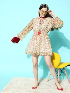 Indo Era Multicoloured Floral Print Tie-Up Neck Puff Sleeves Georgette A-Line Mini Dress