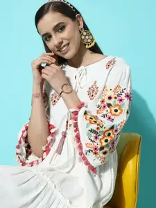 Indo Era White & Red Floral Embroidered Flared Sleeve with Pom-Pom Detail A-Line Dress