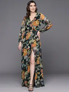 Indo Era Tropical Print Puff Sleeve Georgette A-Line Maxi Dress