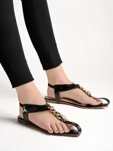 Shoetopia Textured Embellished T-Strap Flats