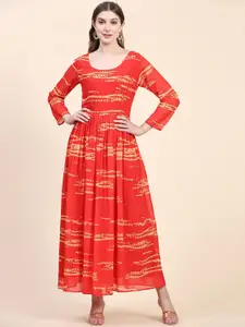 KALINI Abstract Printed Fit And Flared Maxi Gathered Ethnic Drees