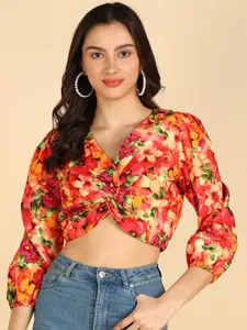 ZNX Clothing Floral Printed Puff Sleeve Front Knot Crop Top