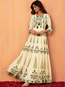 Rang by Indya Ethnic Motifs Printed Pure Cotton Maxi A-Line Dress