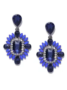 YouBella Blue Silver-Plated Stone-Studded Contemporary Drop Earrings