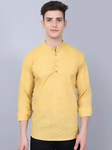 Majestic Man Geometric Printed Band Collar Pure Cotton Short Kurta