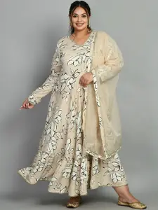 PrettyPlus by Desinoor.com Plus Size Floral Printed Ethnic Dress With Dupatta