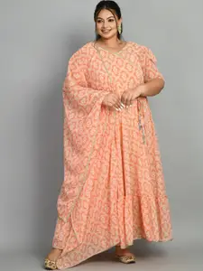 PrettyPlus by Desinoor.com Plus Size Floral Printed Maxi Ethnic Dress With Dupatta