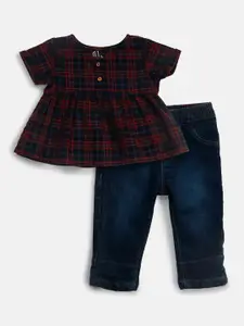 GJ baby Infants Girls Checked Cotton Top With Jeans Set