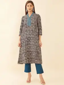 Maybell Floral Printed Thread & Mirror Work A-Line Pure Cotton Kurta