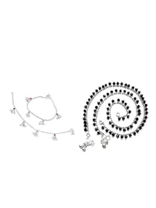 RUHI COLLECTION Set Of 4 Silver-Plated Stone-Studded & Beaded Anklet